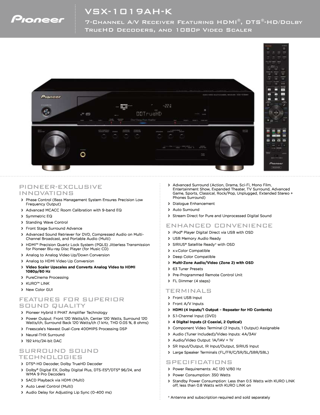 Pioneer VSX-1019AHK specifications VSX-1019AH-K, Pioneer-Exclusive Innovations, Features For Superior Sound Quality 