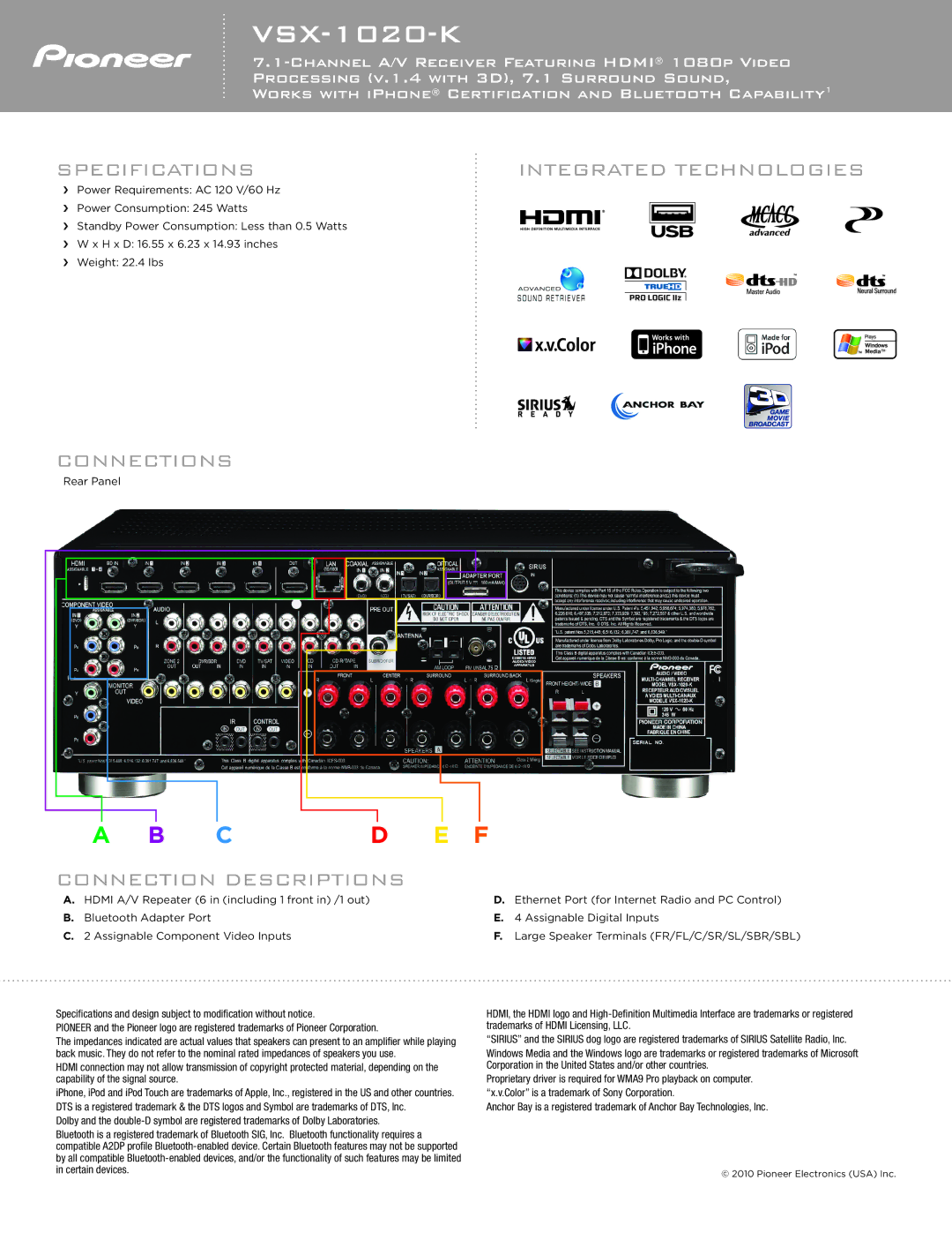 Pioneer VSX-1020-K manual Specifications Integrated Technologies, Connections, Connection Descriptions 