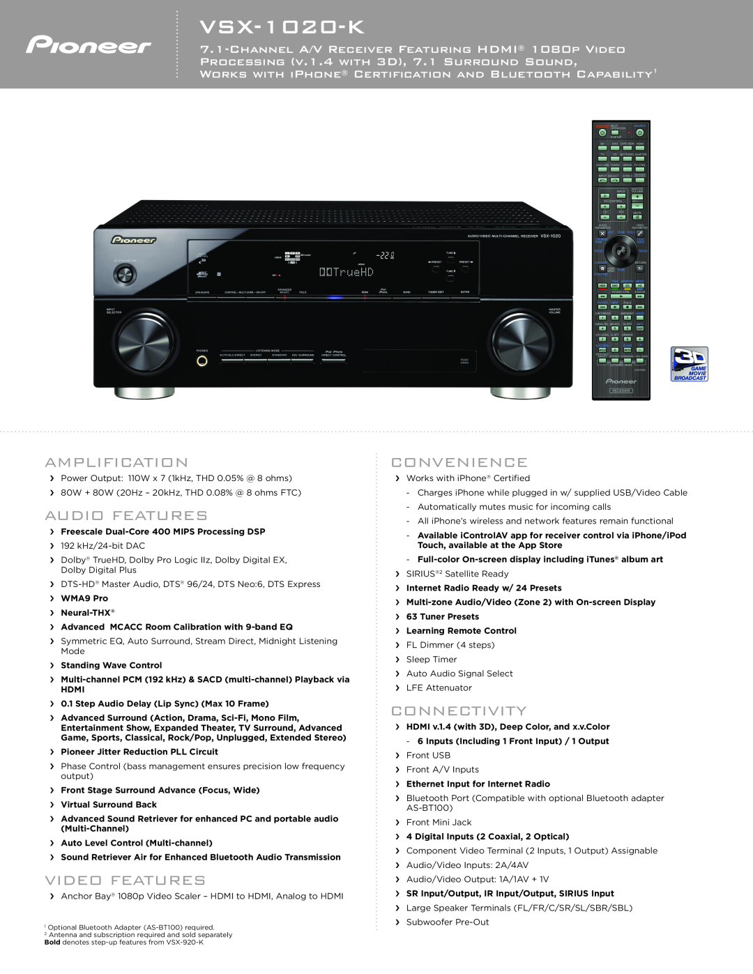 Pioneer VSX-1020-K manual Amplification, Audio Features, Video Features, Convenience, Connectivity 