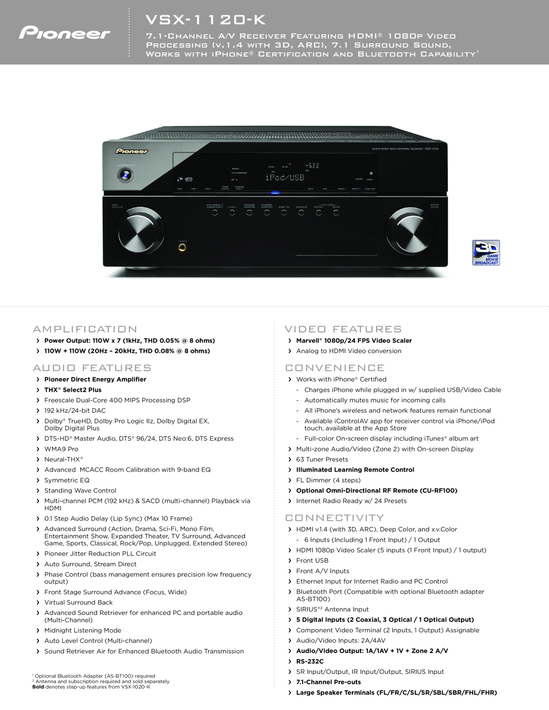 Pioneer VSX-1120-K manual Amplification, Audio Features, Video Features, Convenience, Connectivity 