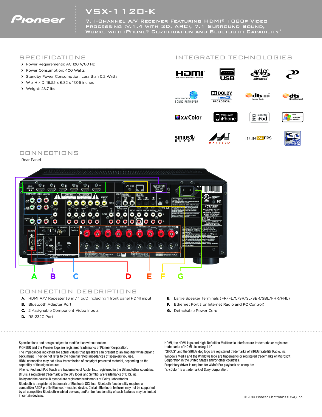 Pioneer VSX-1120-K manual Specifications, Integrated Technologies, Connections, Connection Descriptions, A B C D E F G 
