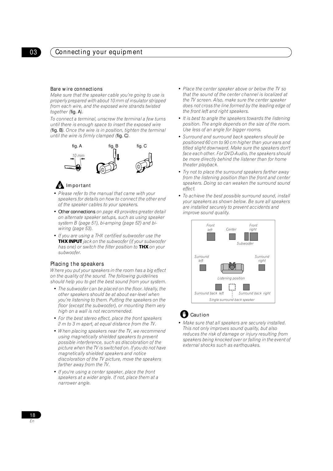 Pioneer VSX-2016AV operating instructions Placing the speakers, Bare wire connections 