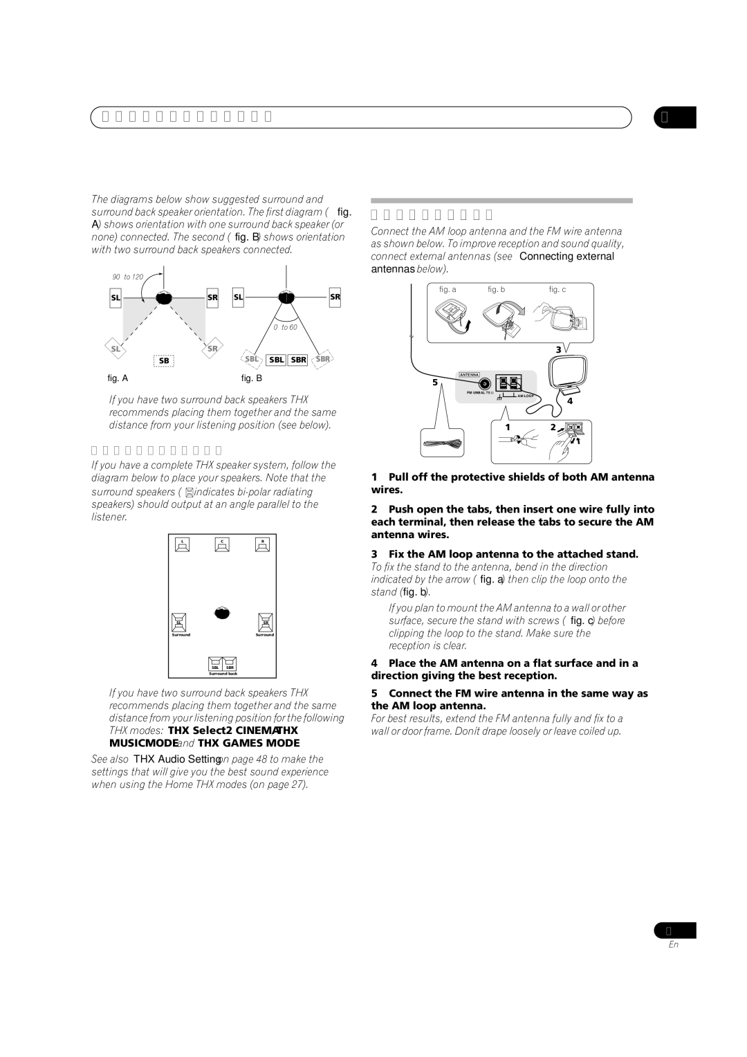 Pioneer VSX-2016AV operating instructions Connecting antennas, THX speaker system setup 