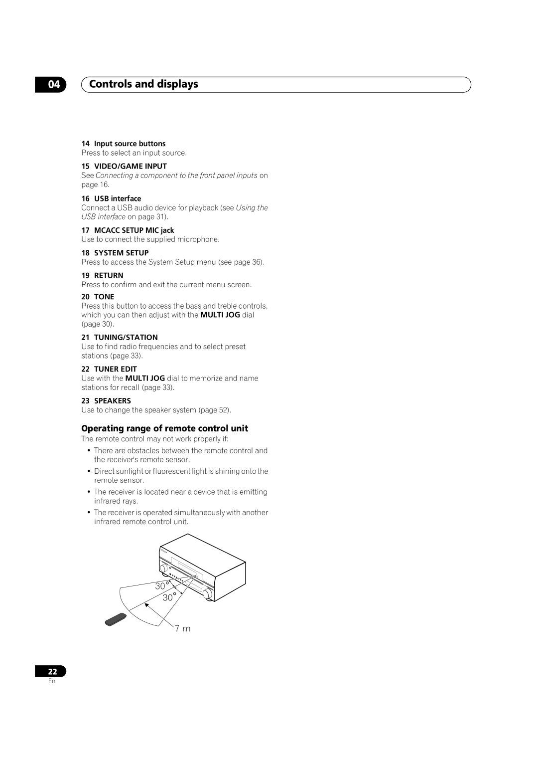 Pioneer VSX-2016AV operating instructions Controls and displays, Operating range of remote control unit 