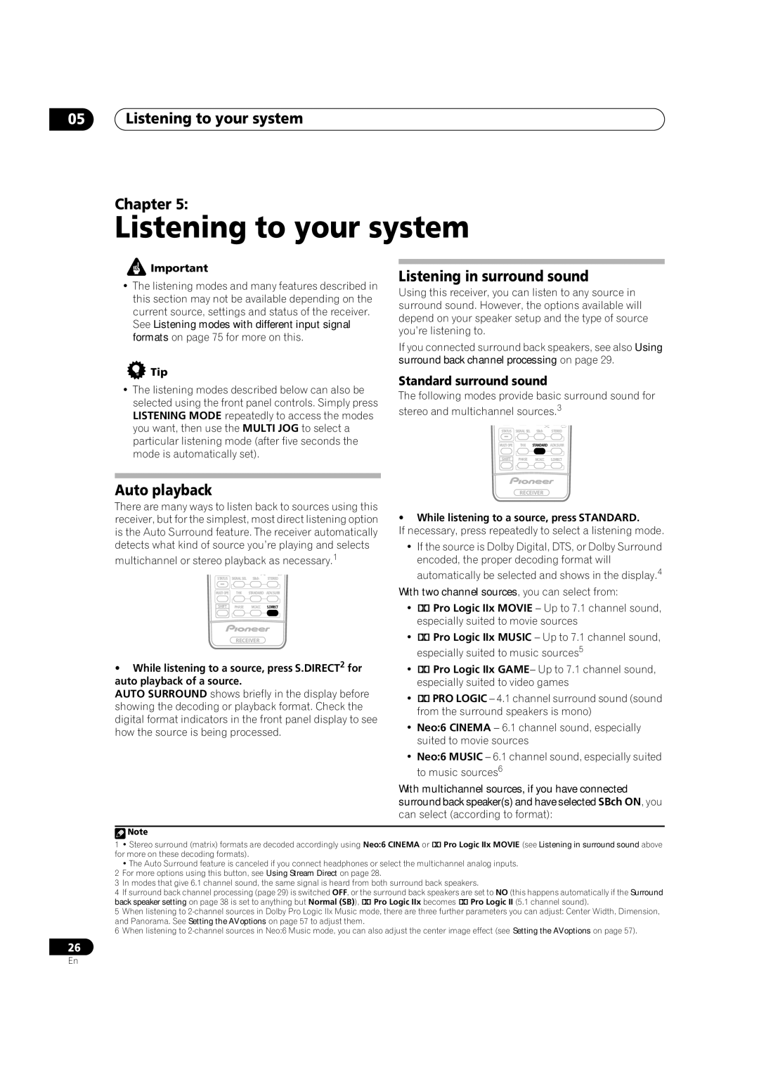 Pioneer VSX-2016AV operating instructions Listening to your system Chapter, Auto playback Listening in surround sound 