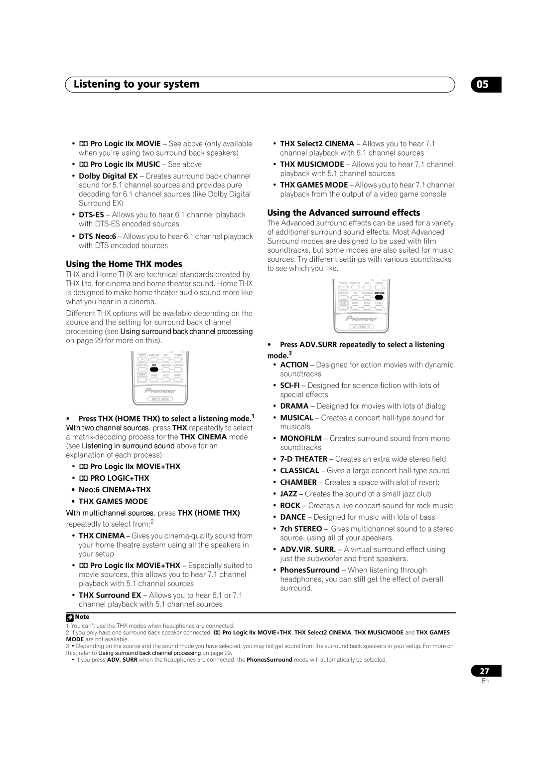 Pioneer VSX-2016AV Listening to your system, Using the Home THX modes, Using the Advanced surround effects, Pro Logic+Thx 