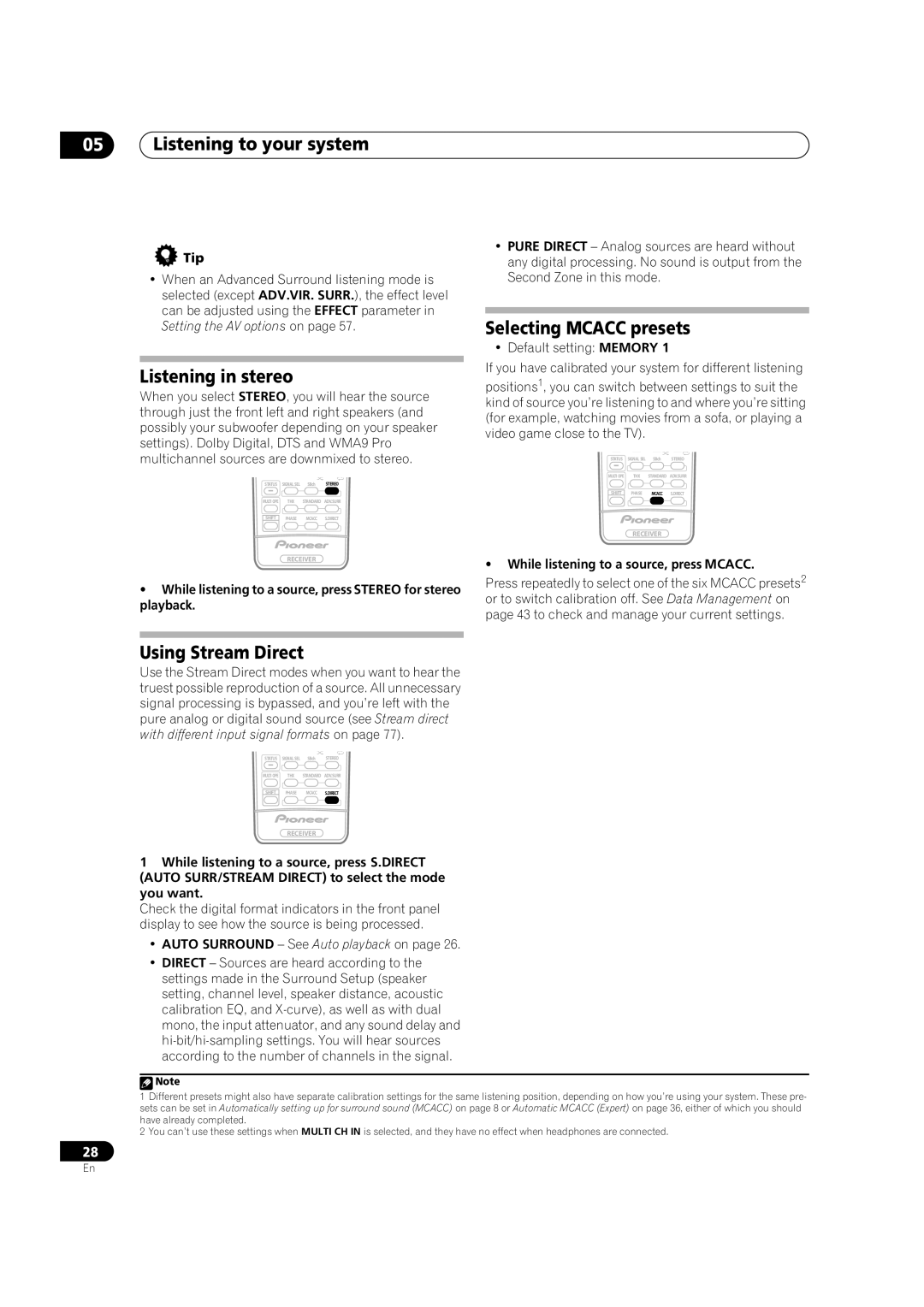 Pioneer VSX-2016AV operating instructions Listening in stereo, Selecting Mcacc presets, Using Stream Direct 