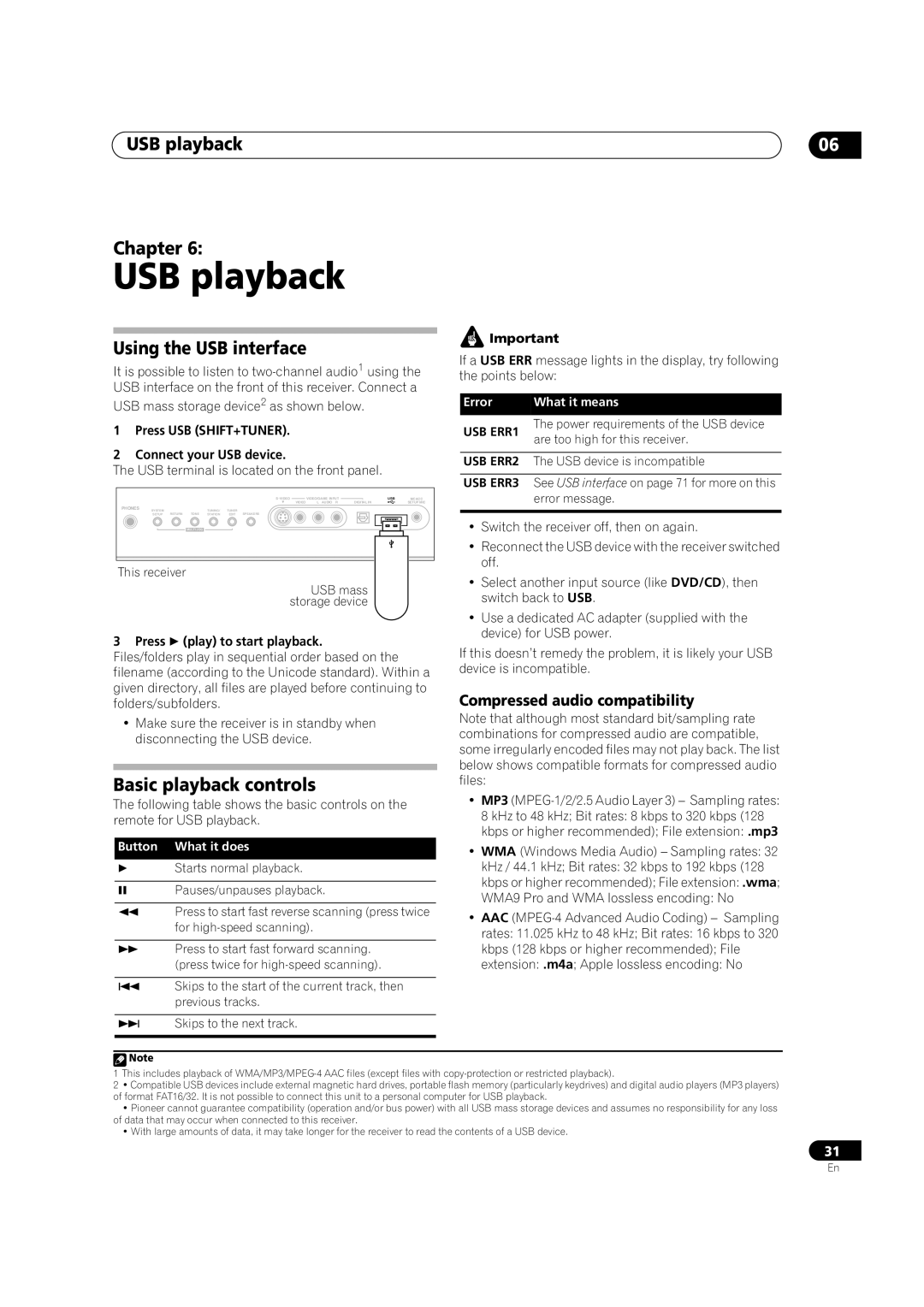 Pioneer VSX-2016AV operating instructions USB playback Chapter, Using the USB interface, Basic playback controls 