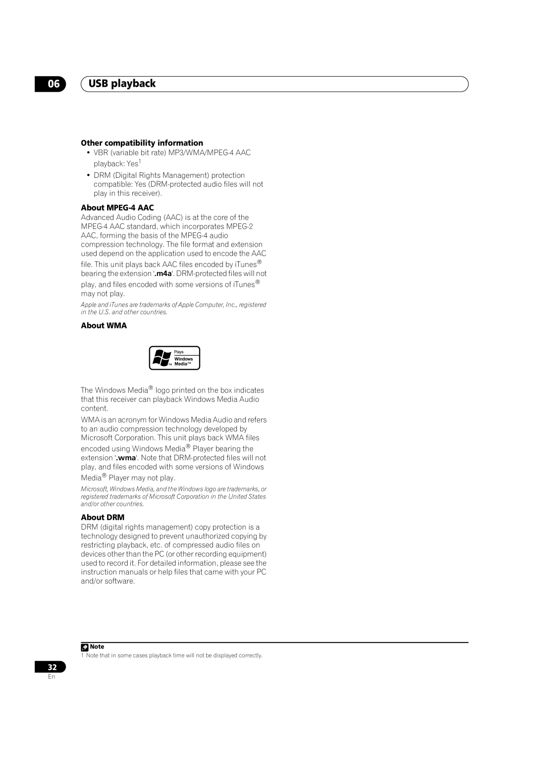 Pioneer VSX-2016AV USB playback, Other compatibility information, About MPEG-4 AAC, About WMA, About DRM 