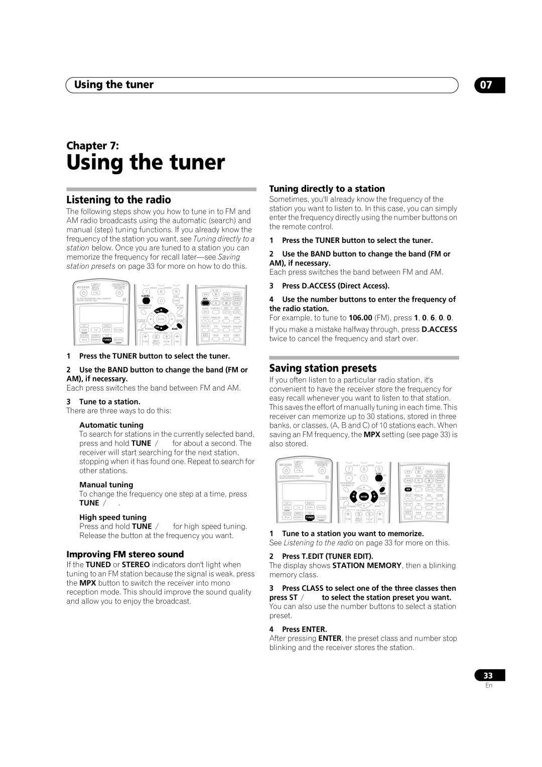 Pioneer VSX-2016AV operating instructions Using the tuner Chapter, Listening to the radio, Saving station presets 