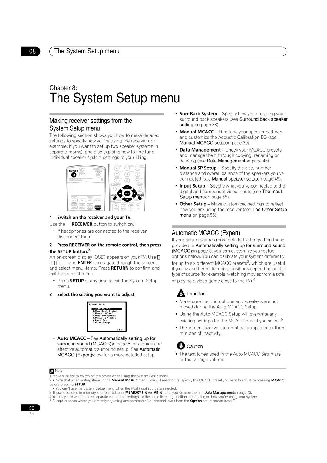 Pioneer VSX-2016AV System Setup menu Chapter, Making receiver settings from the System Setup menu 