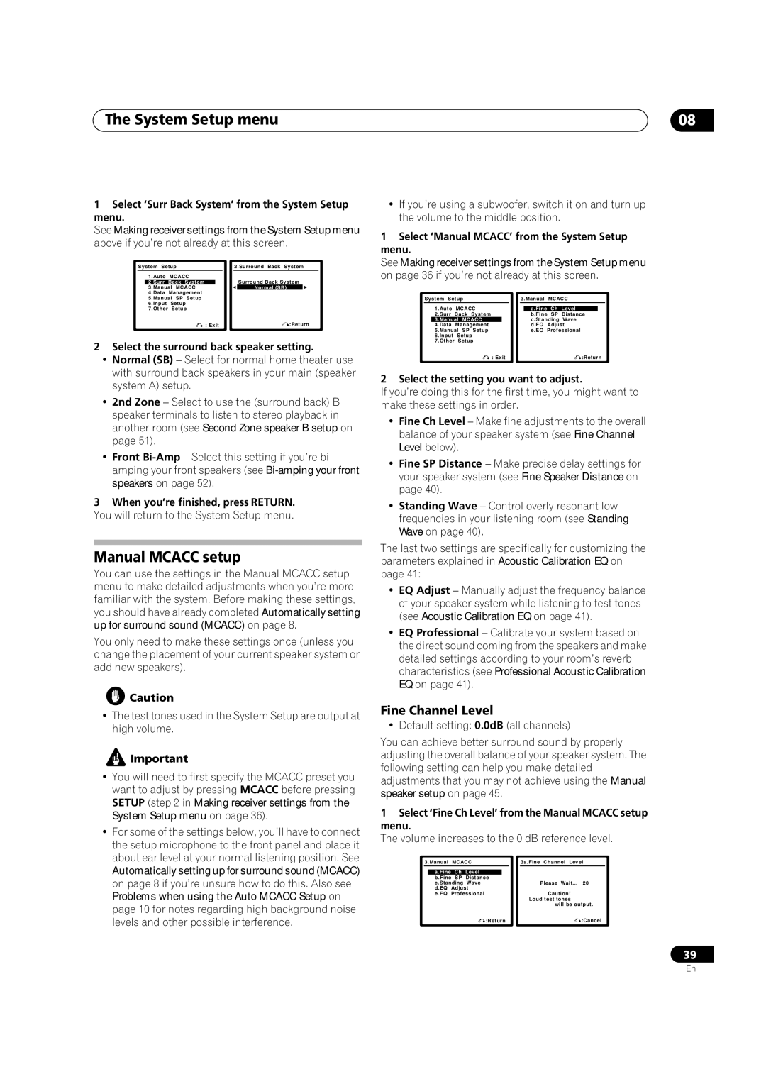 Pioneer VSX-2016AV operating instructions Manual Mcacc setup, Fine Channel Level 