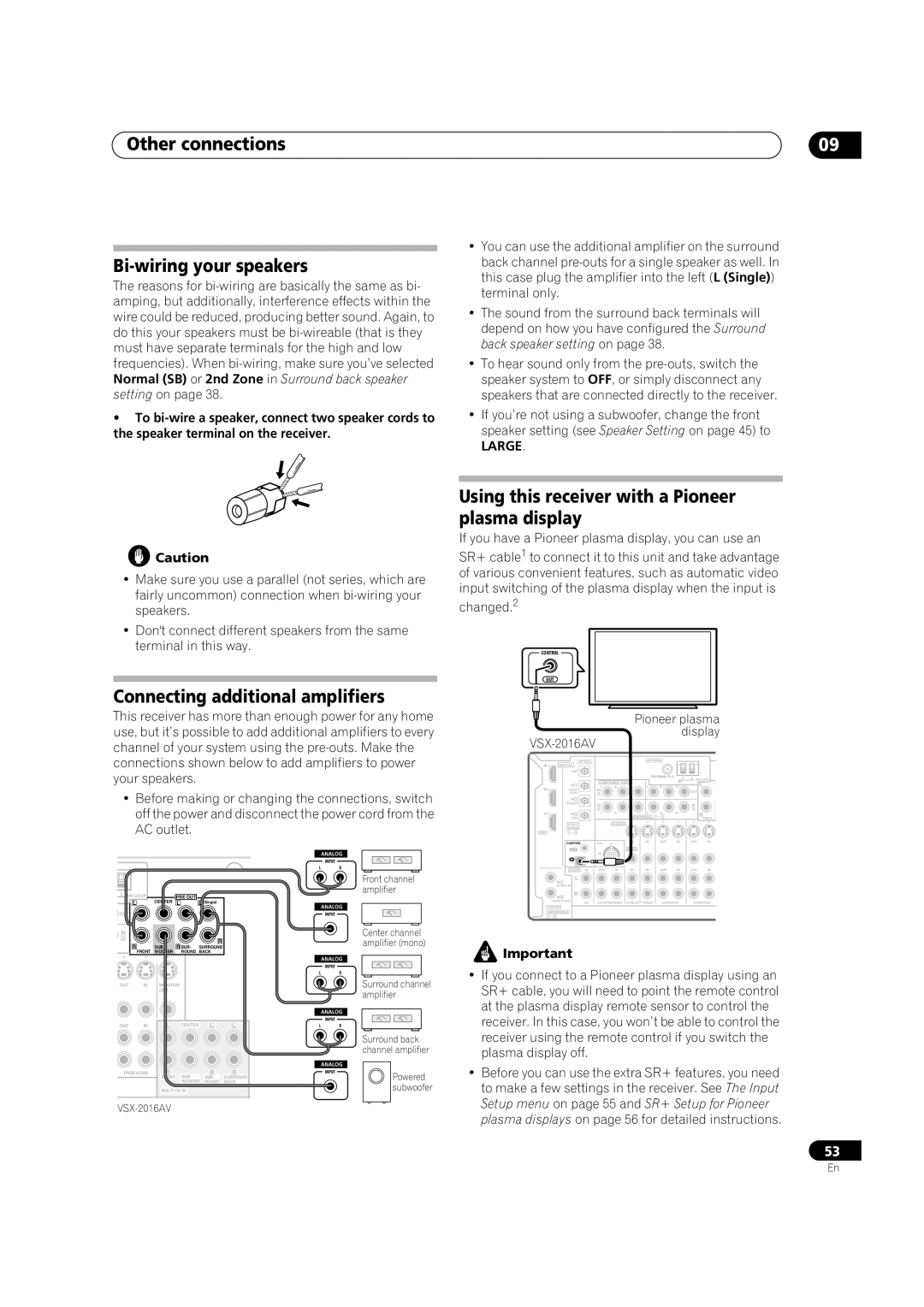 Pioneer VSX-2016AV Other connections Bi-wiring your speakers, Connecting additional amplifiers, Large 