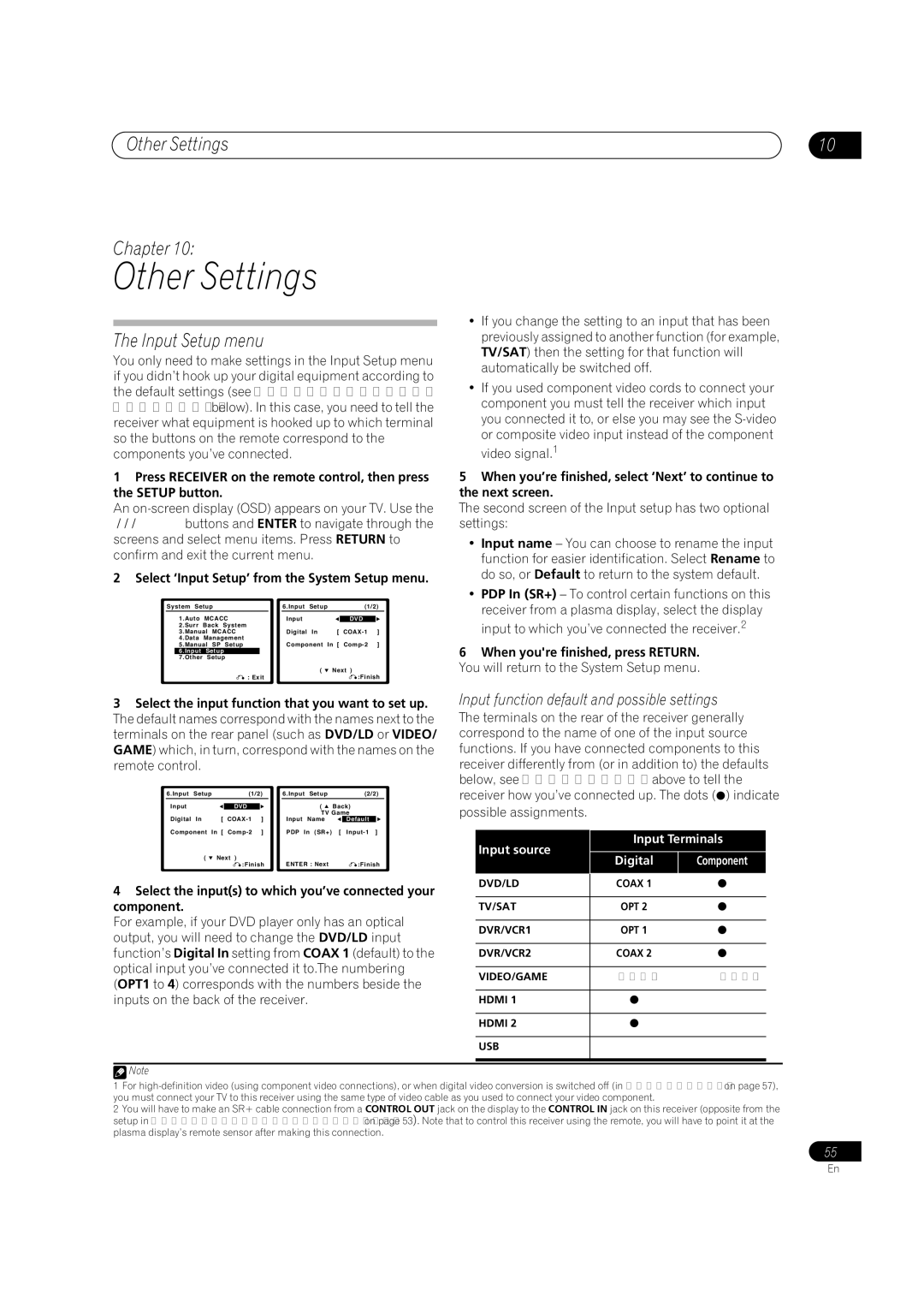 Pioneer VSX-2016AV Other Settings Chapter, Input Setup menu, Input function default and possible settings 