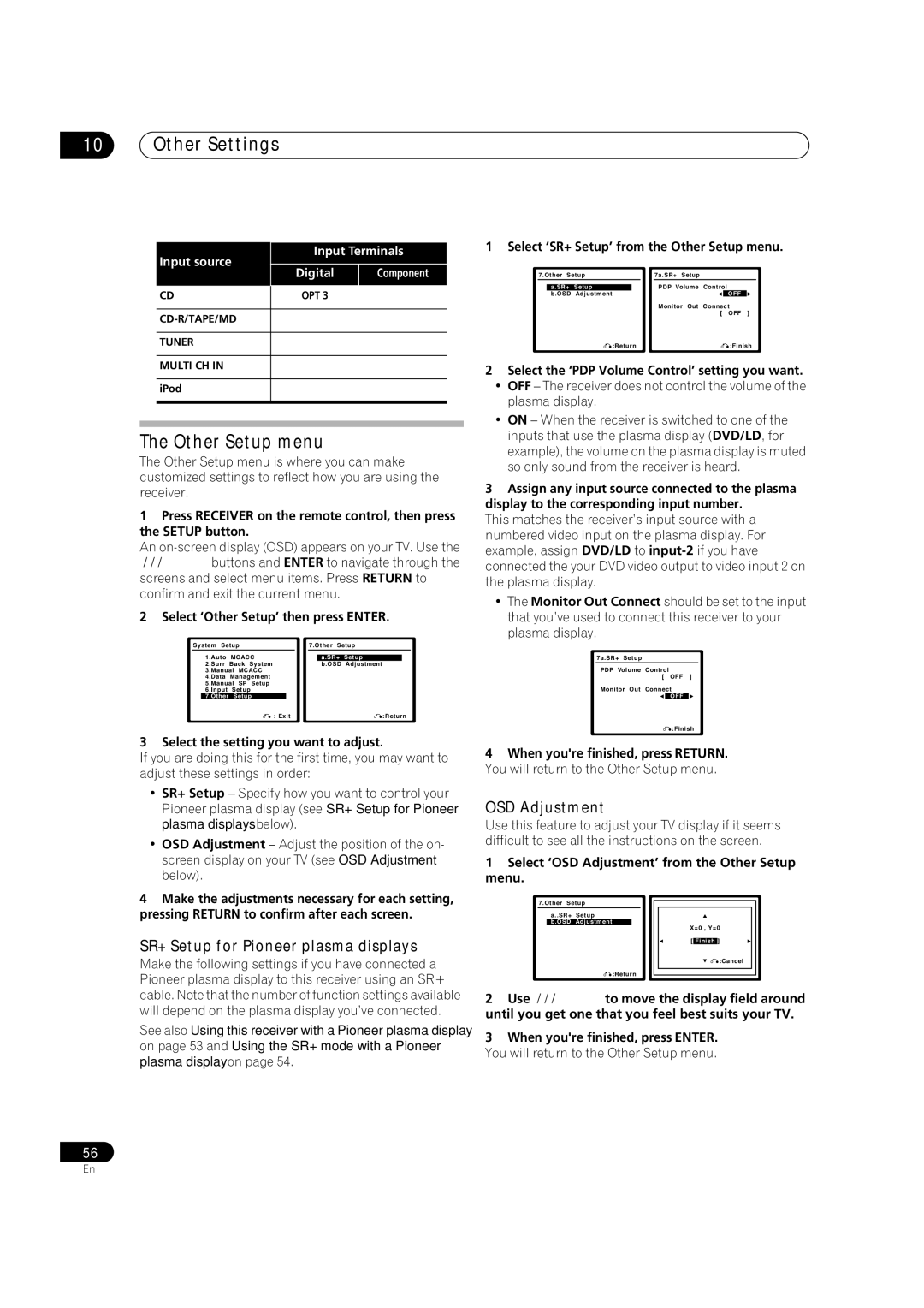 Pioneer VSX-2016AV Other Settings, Other Setup menu, SR+ Setup for Pioneer plasma displays, OSD Adjustment 