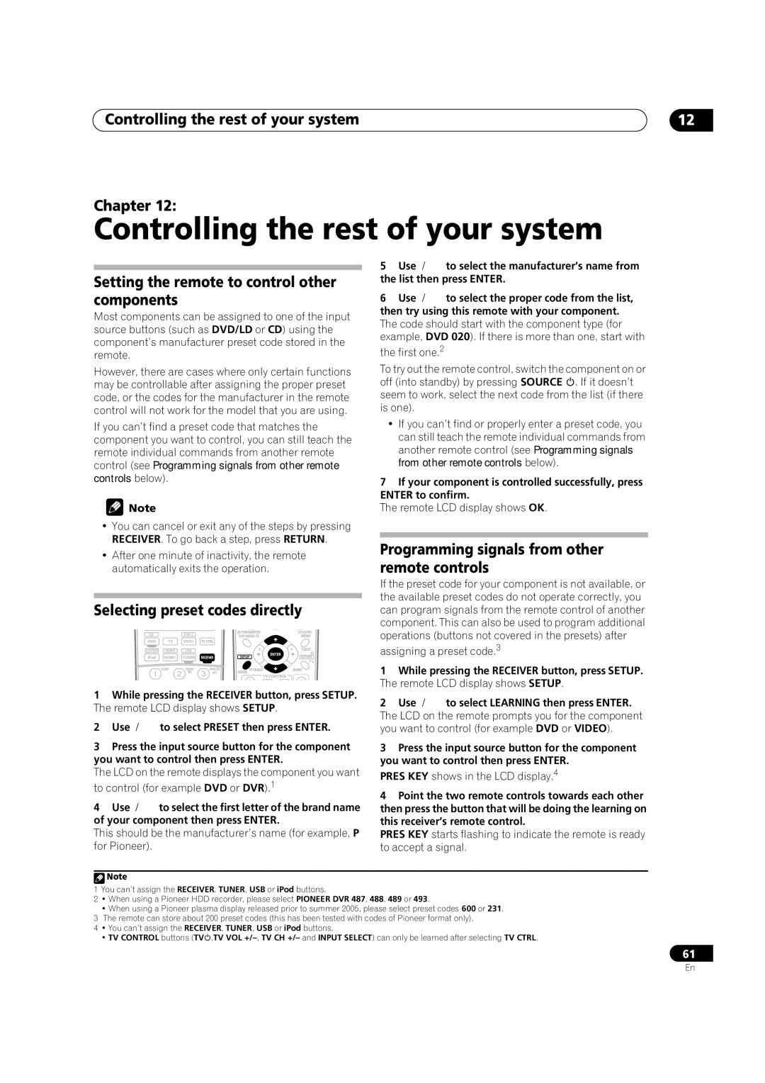 Pioneer VSX-2016AV Controlling the rest of your system Chapter, Setting the remote to control other components 