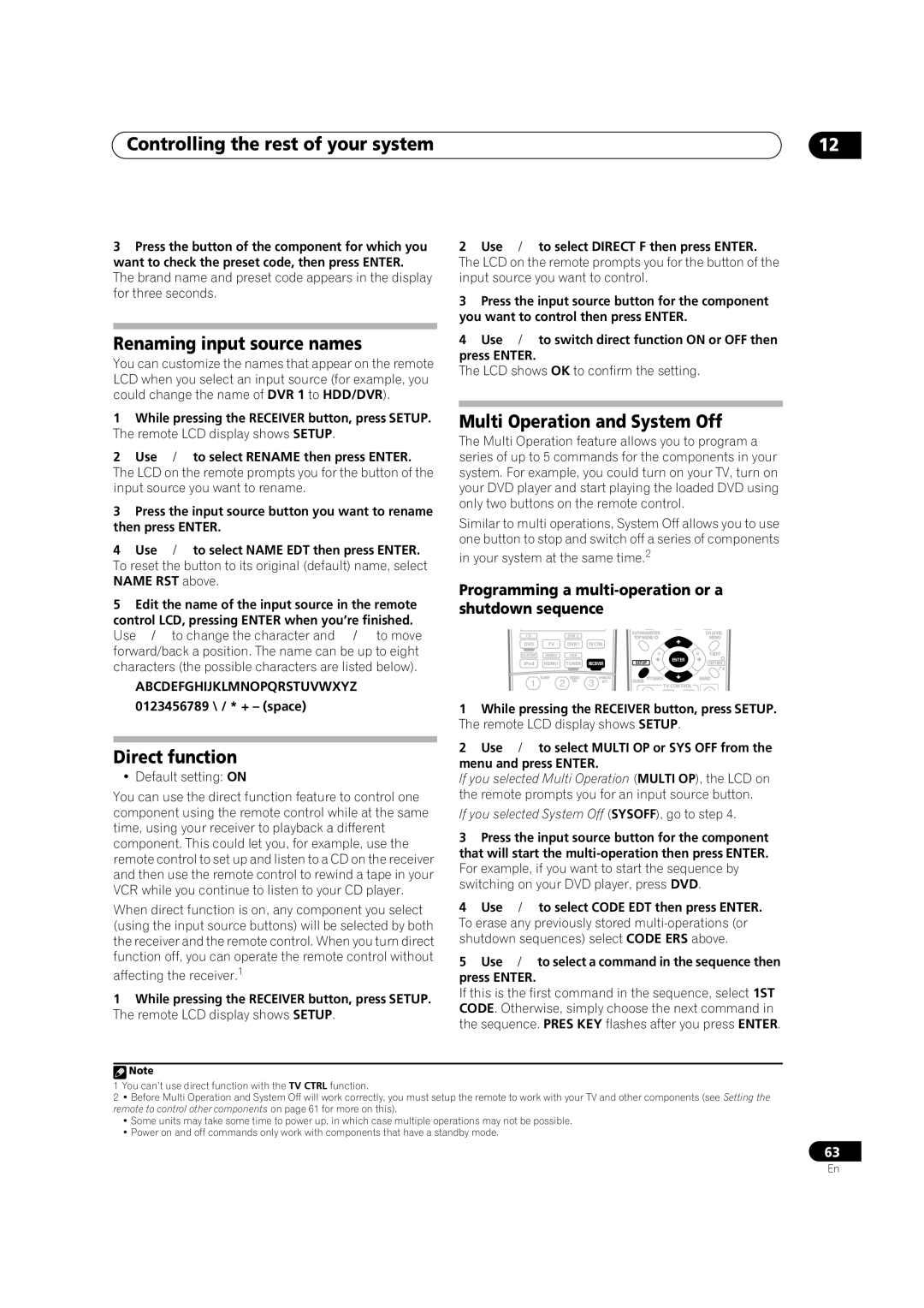 Pioneer VSX-2016AV operating instructions Renaming input source names, Multi Operation and System Off, Direct function 