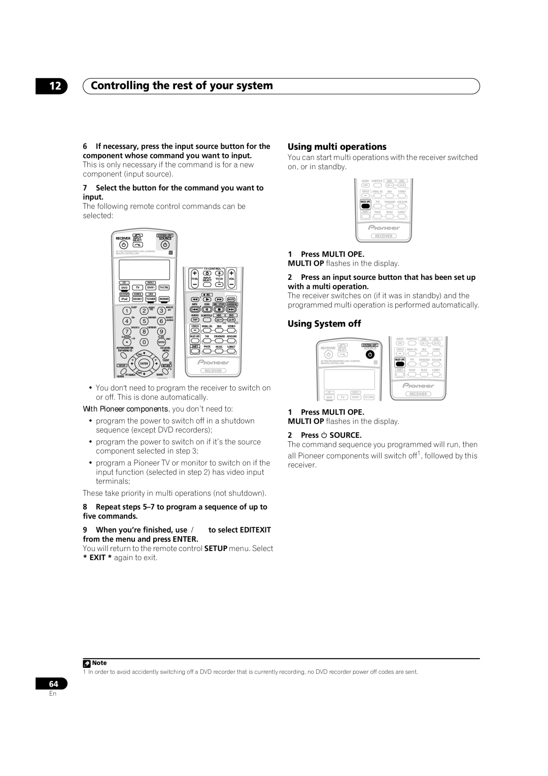 Pioneer VSX-2016AV Using multi operations, Using System off, Select the button for the command you want to input 