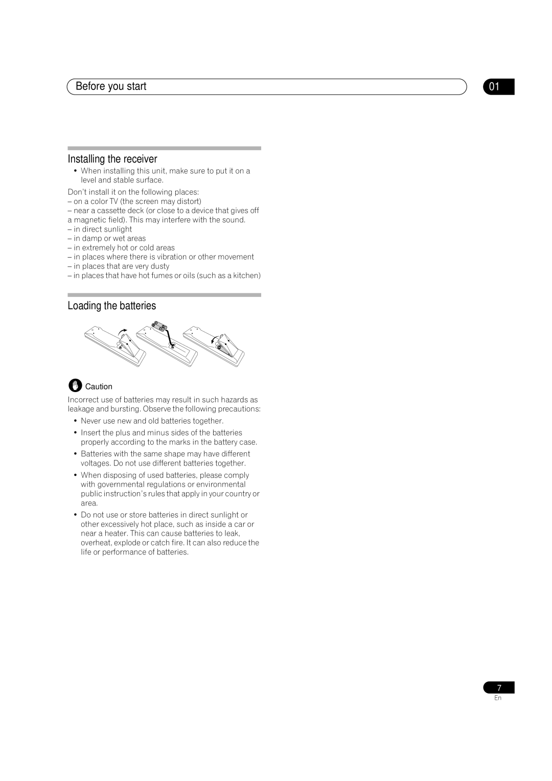 Pioneer VSX-2016AV operating instructions Before you start Installing the receiver, Loading the batteries 