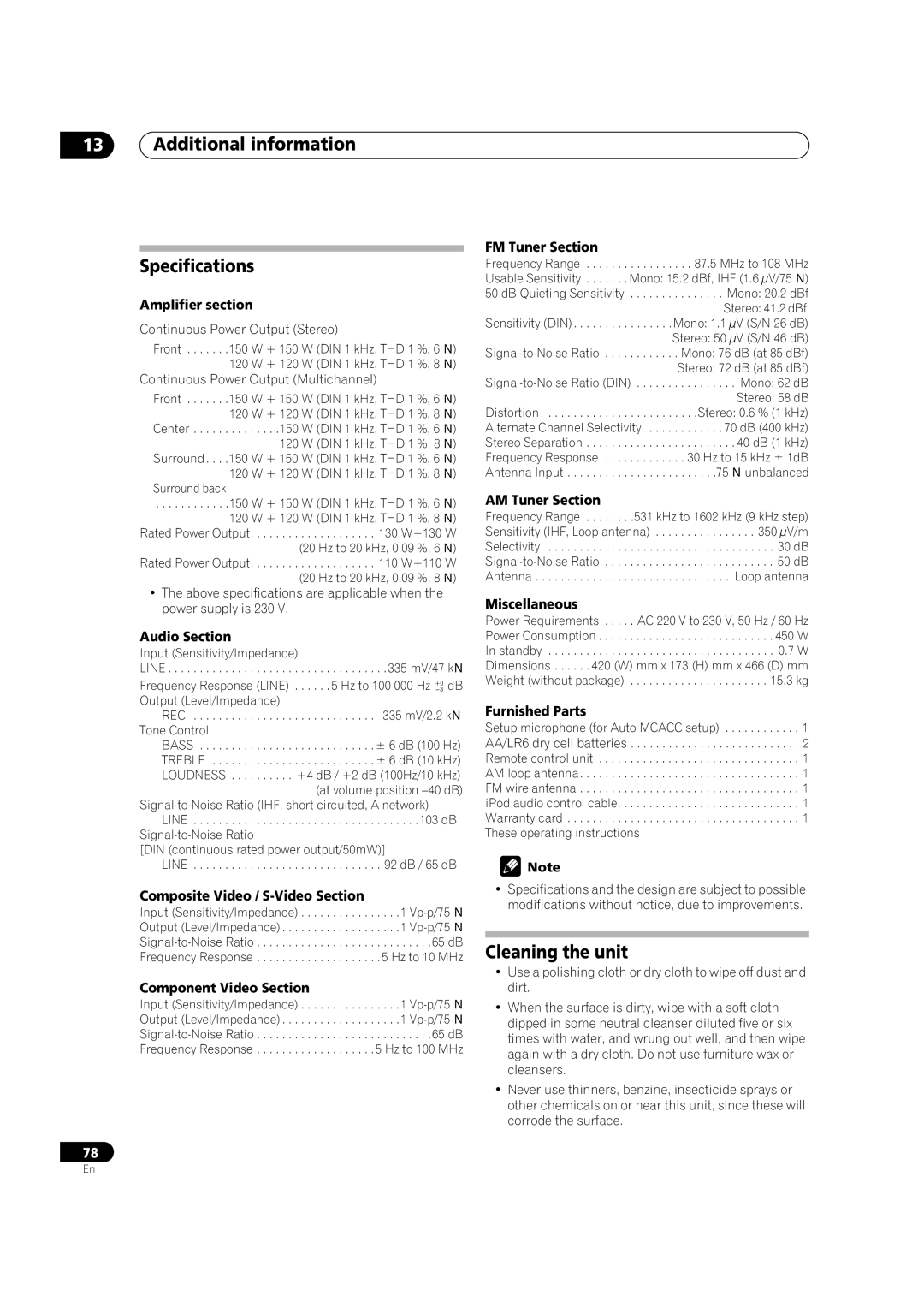 Pioneer VSX-2016AV operating instructions Additional information Specifications, Cleaning the unit 