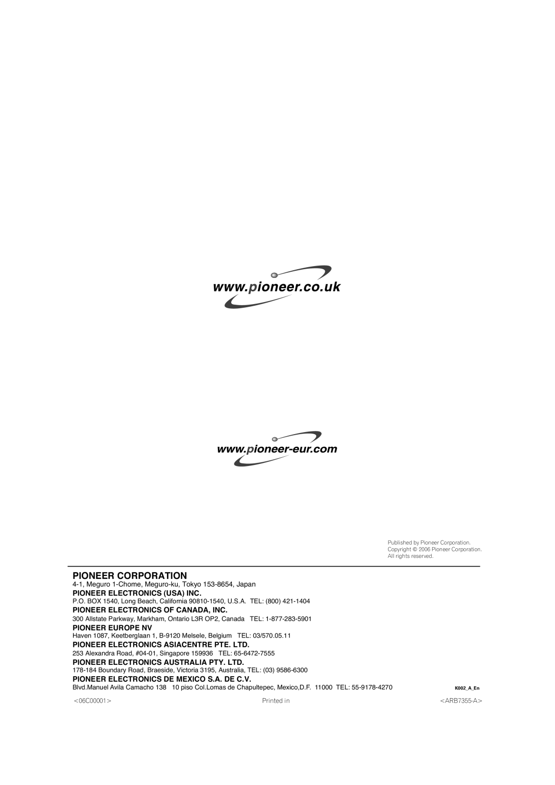 Pioneer VSX-2016AV operating instructions Pioneer Corporation, 06C00001 Printed ARB7355-A 
