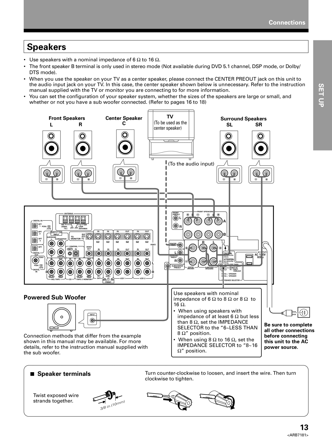 Pioneer VSX-21 manual Powered Sub Woofer, Speaker terminals, Front Speakers Center Speaker Surround Speakers 