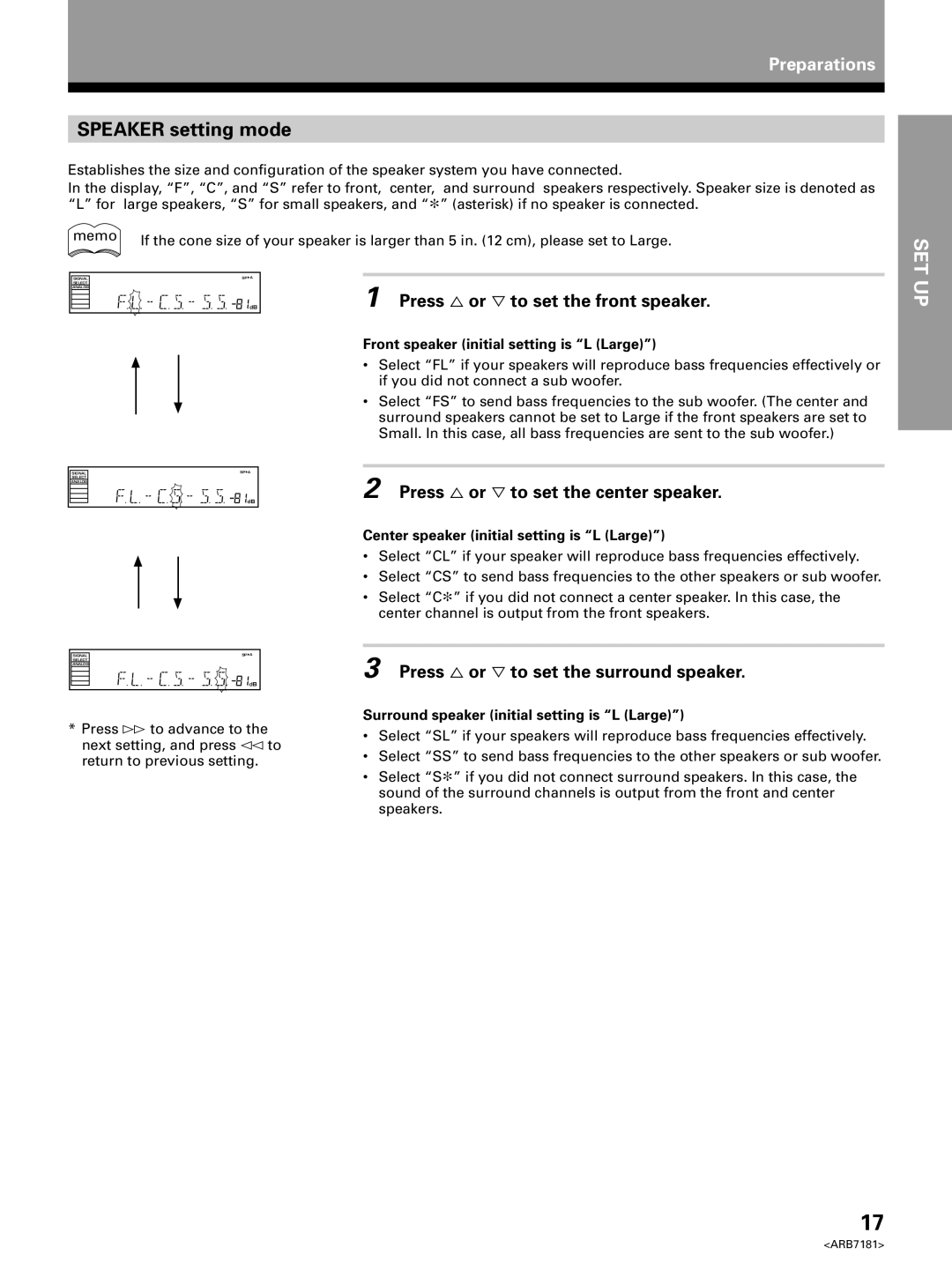 Pioneer VSX-21 manual Speaker setting mode, Press % or ﬁ to set the front speaker, Press % or ﬁ to set the center speaker 