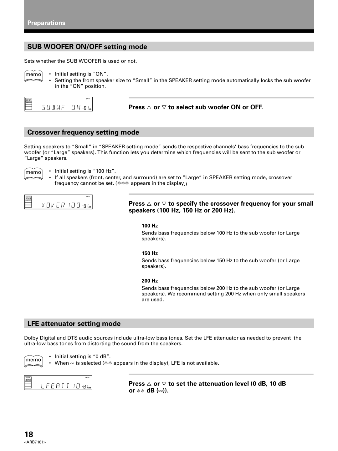 Pioneer VSX-21 manual SUB Woofer ON/OFF setting mode, Crossover frequency setting mode, LFE attenuator setting mode 