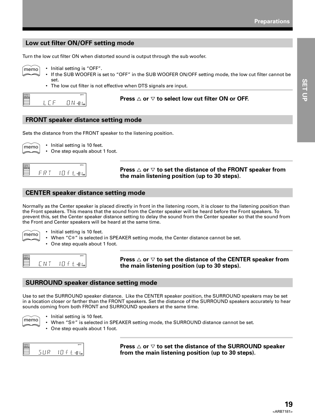 Pioneer VSX-21 manual Low cut filter ON/OFF setting mode, Front speaker distance setting mode 