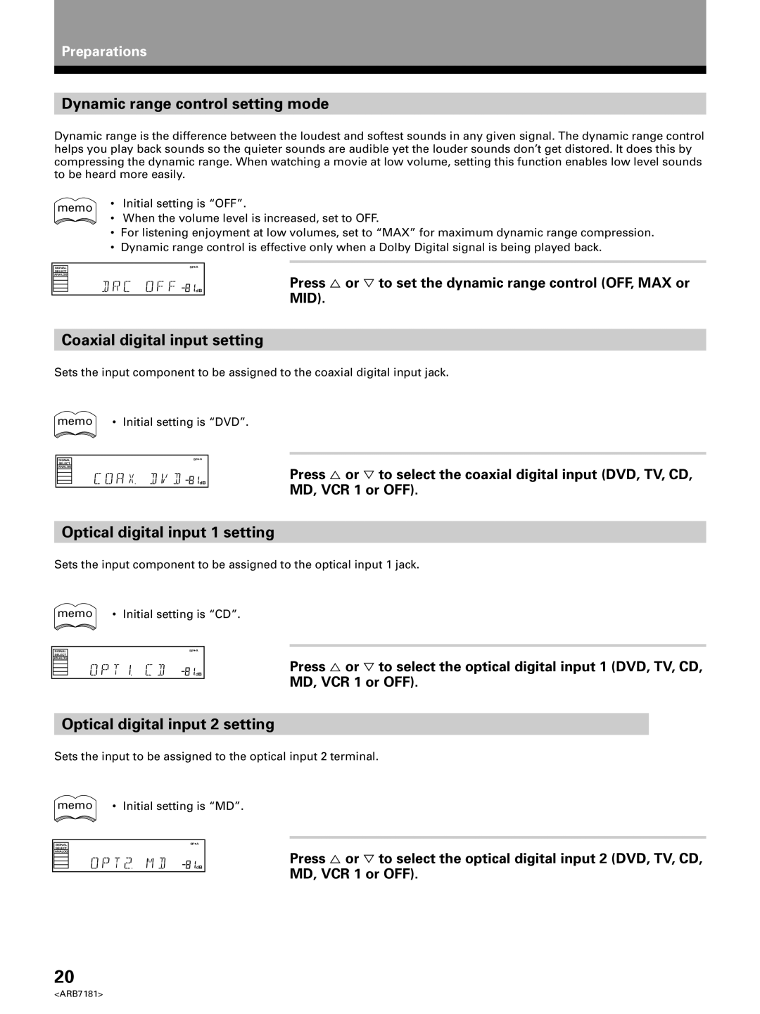 Pioneer VSX-21 Dynamic range control setting mode, Coaxial digital input setting, Optical digital input 1 setting, Mid 