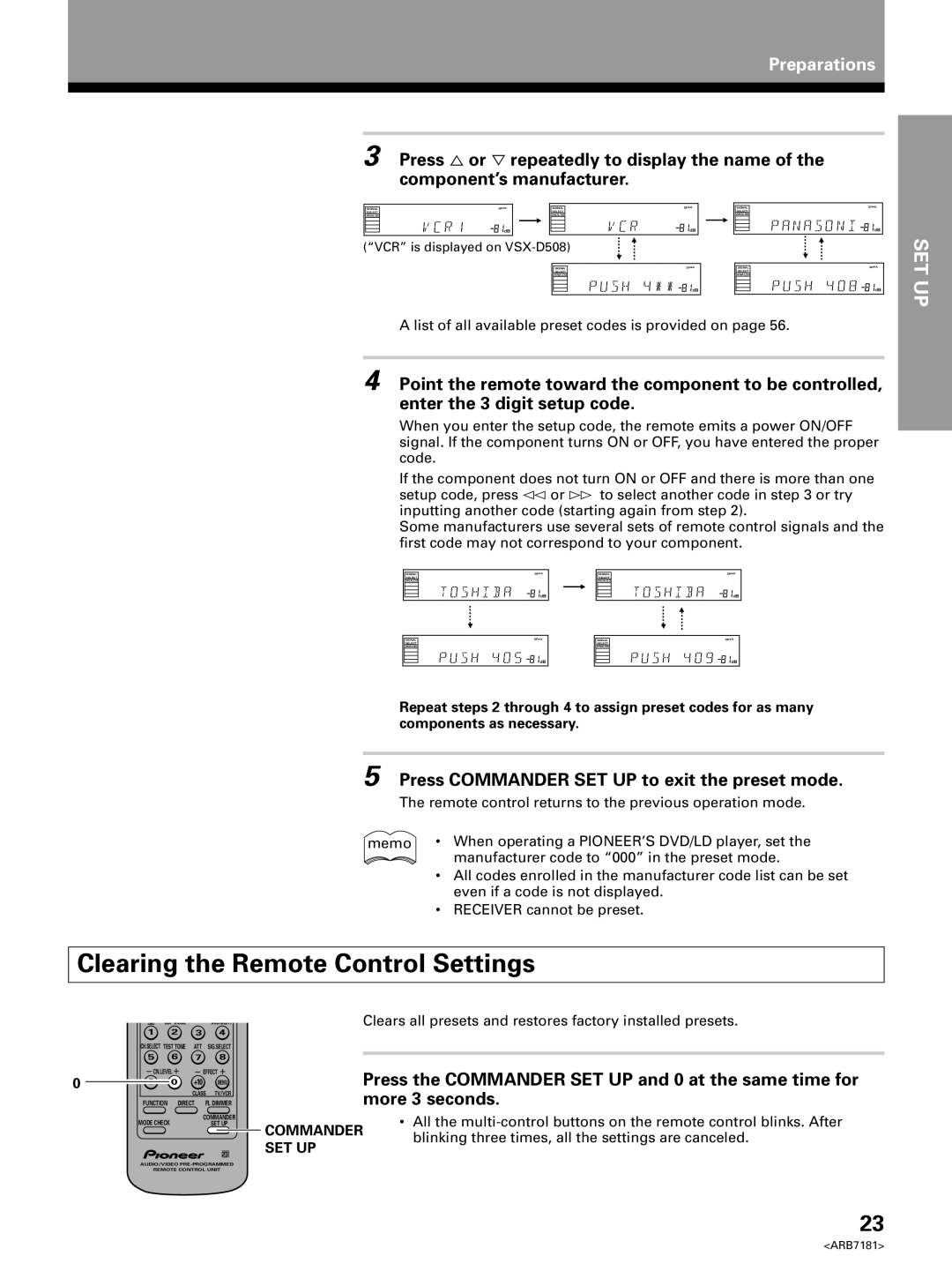 Pioneer VSX-21 manual Clearing the Remote Control Settings, Press Commander SET UP to exit the preset mode 