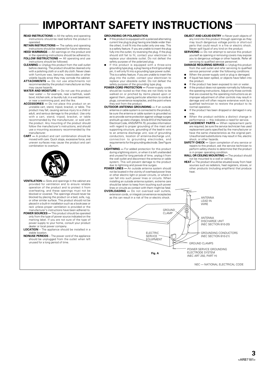 Pioneer VSX-21 manual Important Safety Instructions 