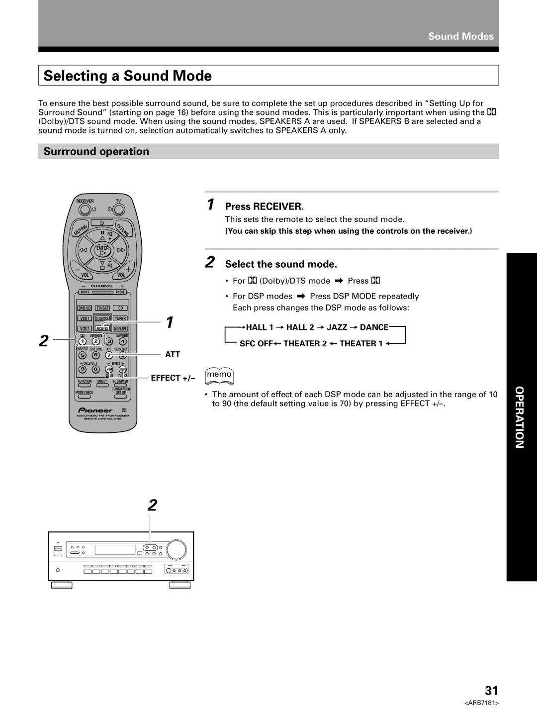 Pioneer VSX-21 manual Selecting a Sound Mode, Surrround operation, Select the sound mode 