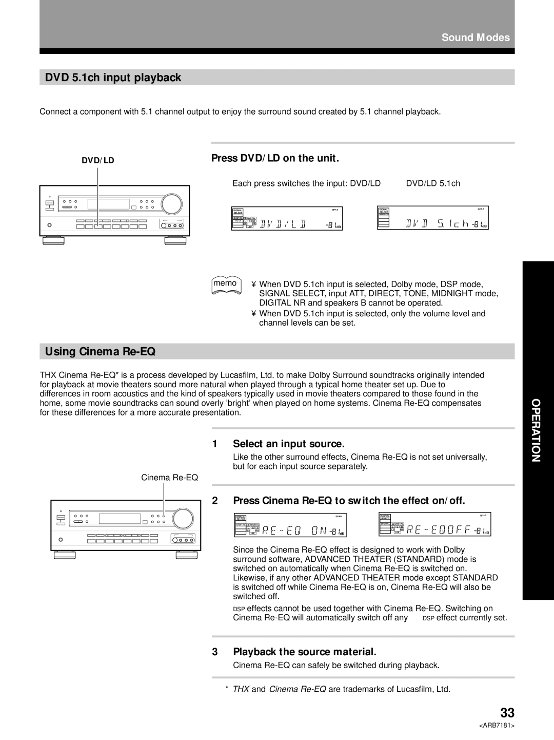 Pioneer VSX-21 manual DVD 5.1ch input playback, Using Cinema Re-EQ 