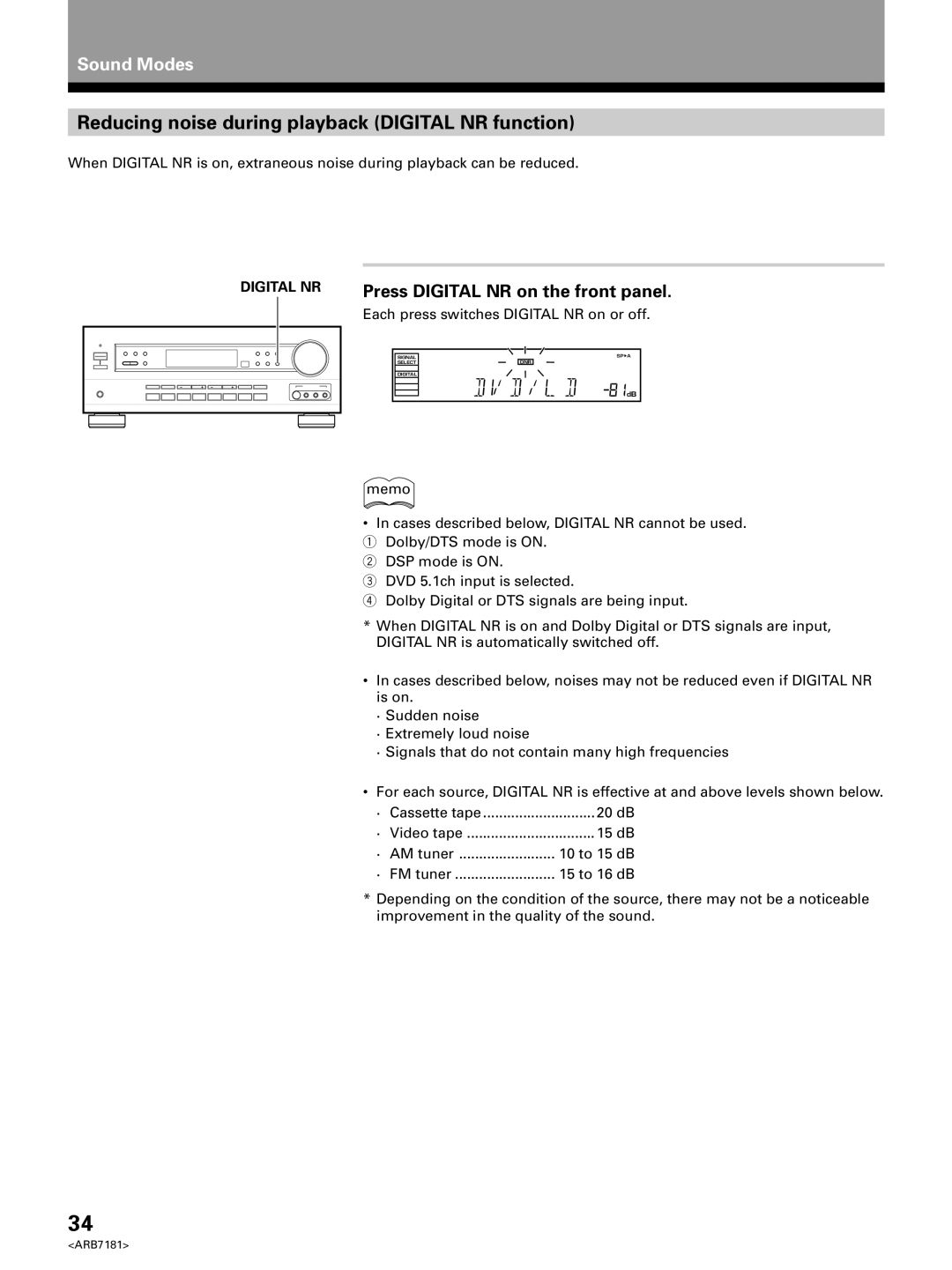 Pioneer VSX-21 manual Reducing noise during playback Digital NR function, Press Digital NR on the front panel 