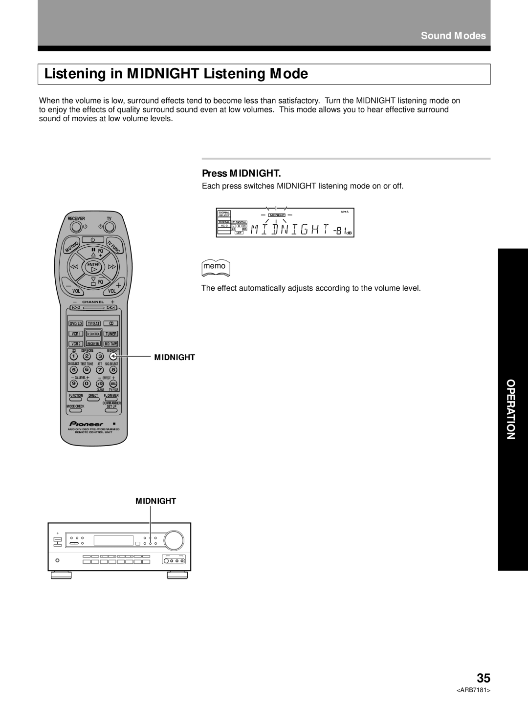 Pioneer VSX-21 manual Listening in Midnight Listening Mode, Press Midnight, 3 4 Midnight 
