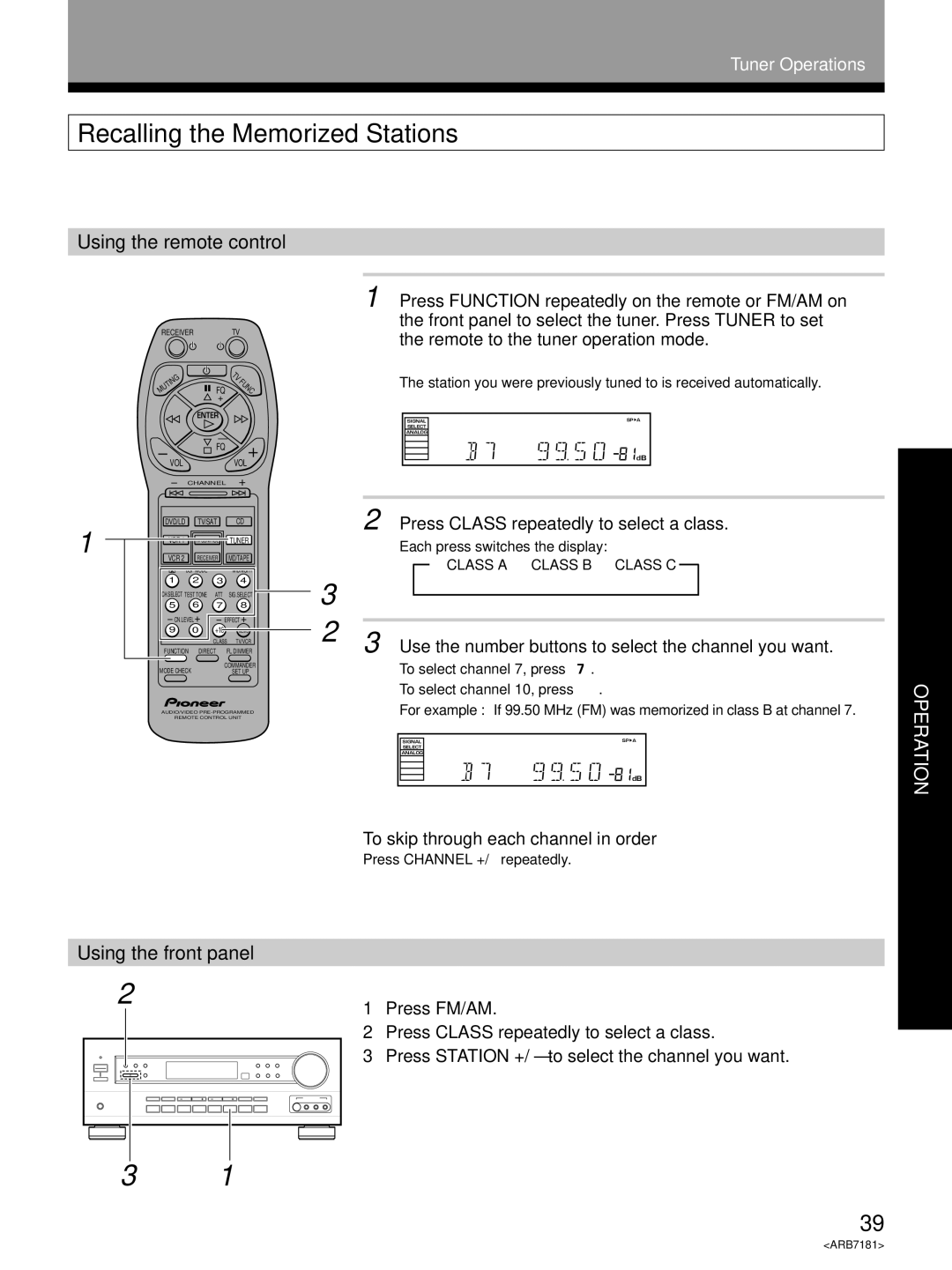 Pioneer VSX-21 manual Recalling the Memorized Stations, Using the remote control 