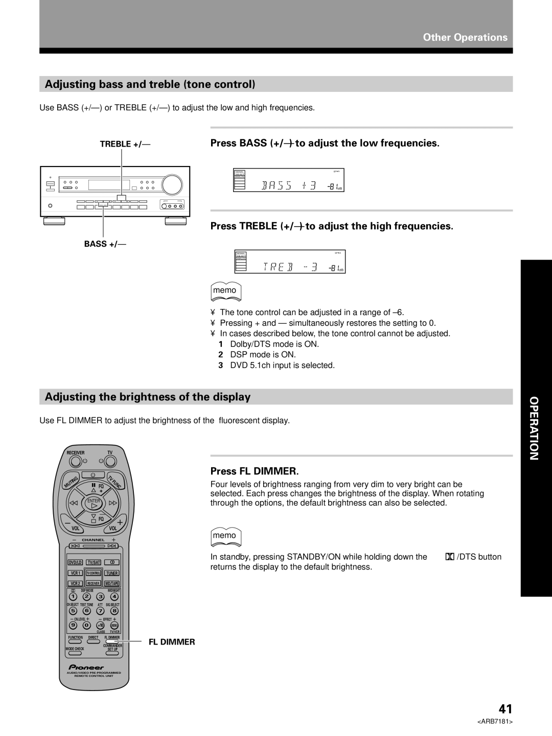Pioneer VSX-21 manual Adjusting bass and treble tone control, Adjusting the brightness of the display, Press FL Dimmer 