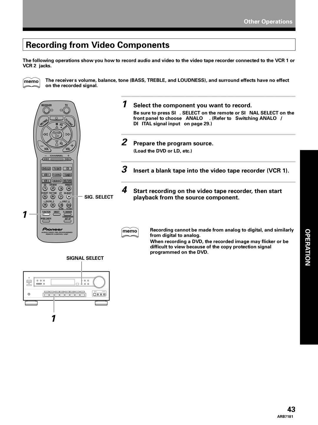 Pioneer VSX-21 manual Recording from Video Components, Insert a blank tape into the video tape recorder VCR 