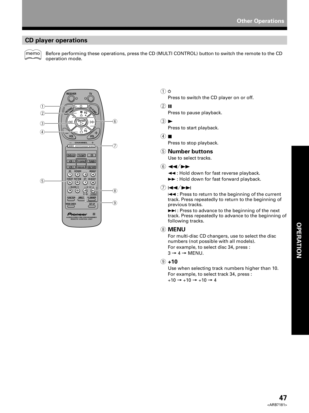 Pioneer VSX-21 manual CD player operations, Press to stop playback 