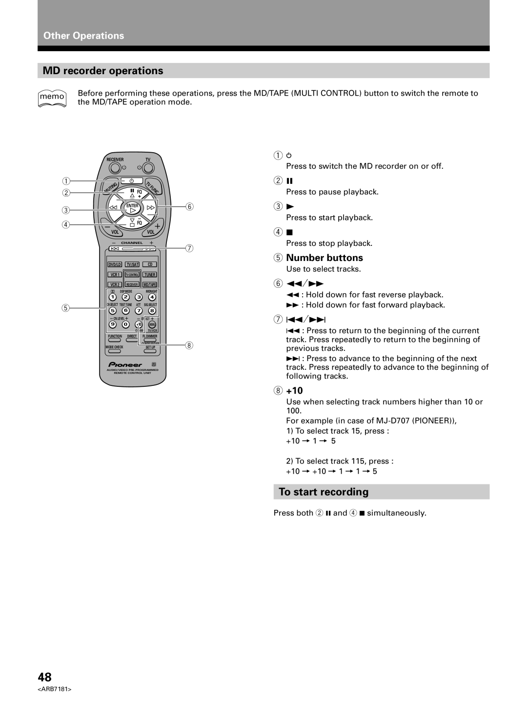 Pioneer VSX-21 manual MD recorder operations, To start recording 