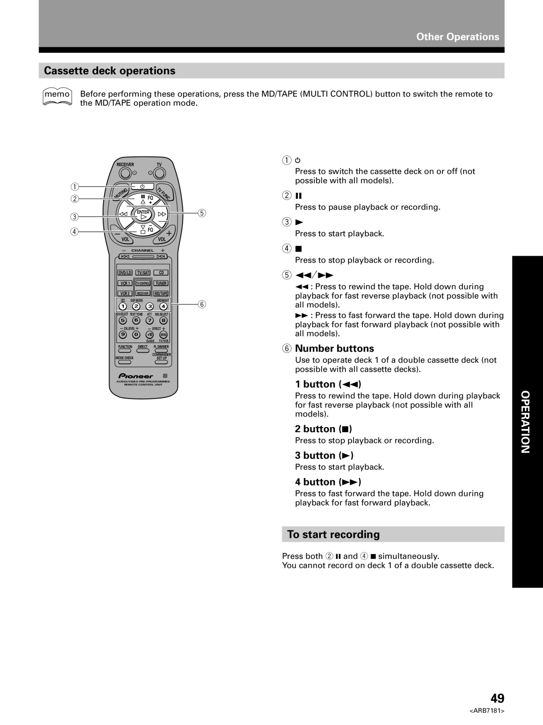 Pioneer VSX-21 manual Cassette deck operations, Button ¡ 