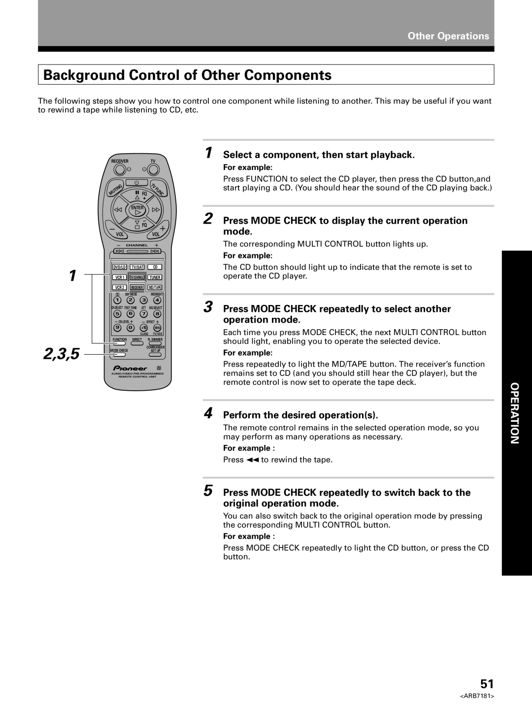 Pioneer VSX-21 manual Background Control of Other Components, Select a component, then start playback, For example 