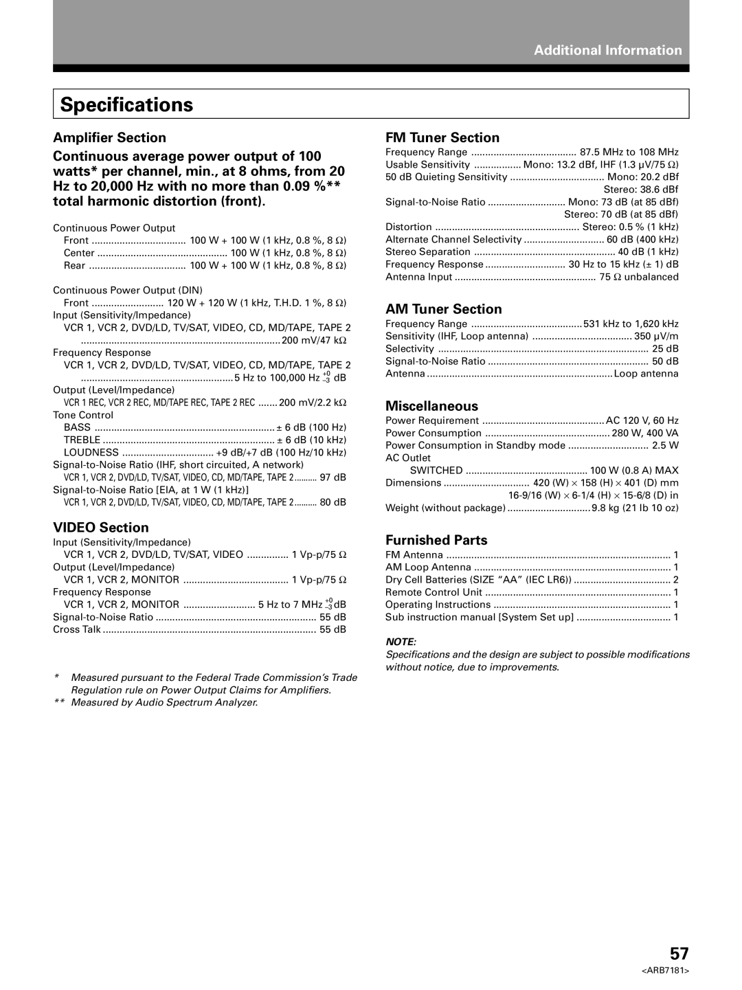 Pioneer VSX-21 manual Specifications 