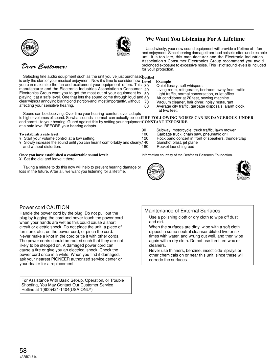 Pioneer VSX-21 manual Eia, Power cord Caution, Maintenance of External Surfaces 