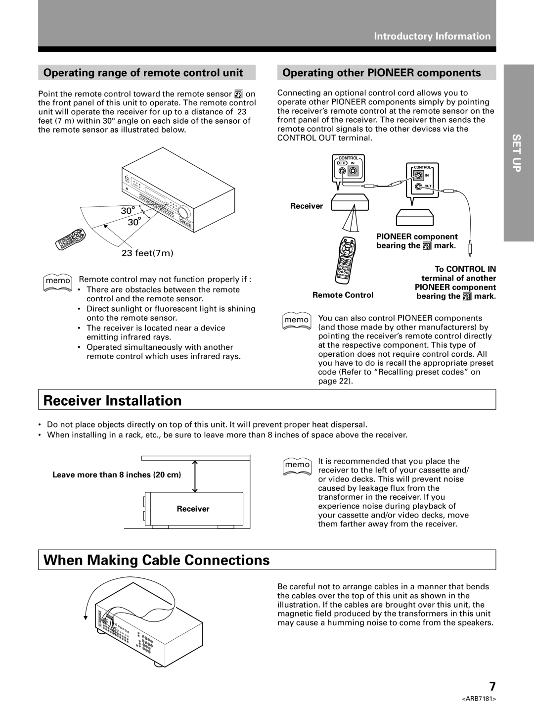 Pioneer VSX-21 manual Receiver Installation, When Making Cable Connections, Operating range of remote control unit 