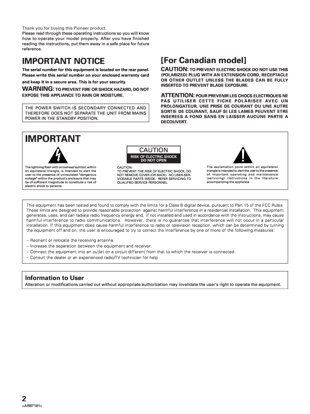 Pioneer VSX-21 manual Important Notice, For Canadian model, Information to User 