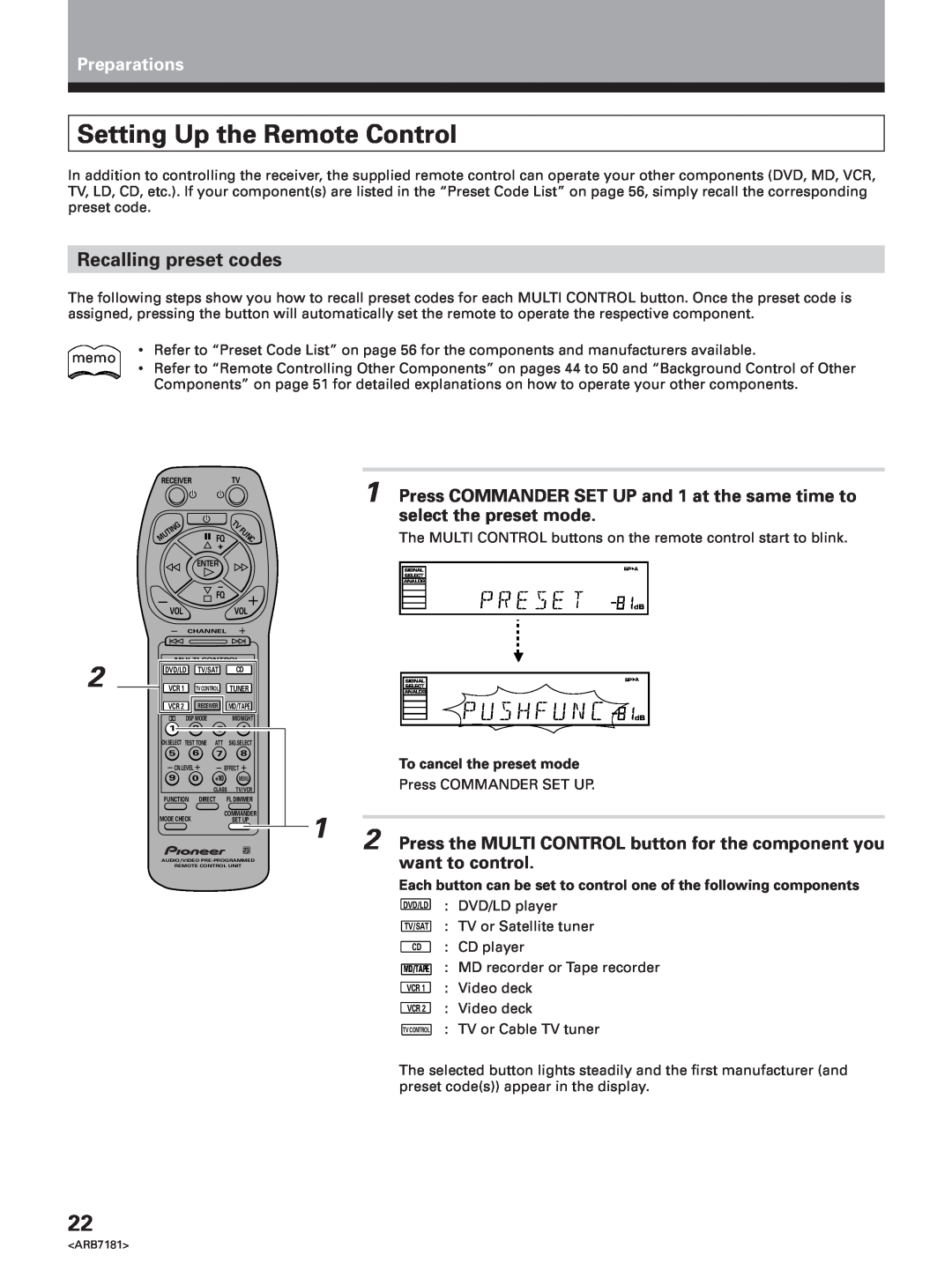 Pioneer VSX-21 manual Setting Up the Remote Control, Recalling preset codes, Preparations 