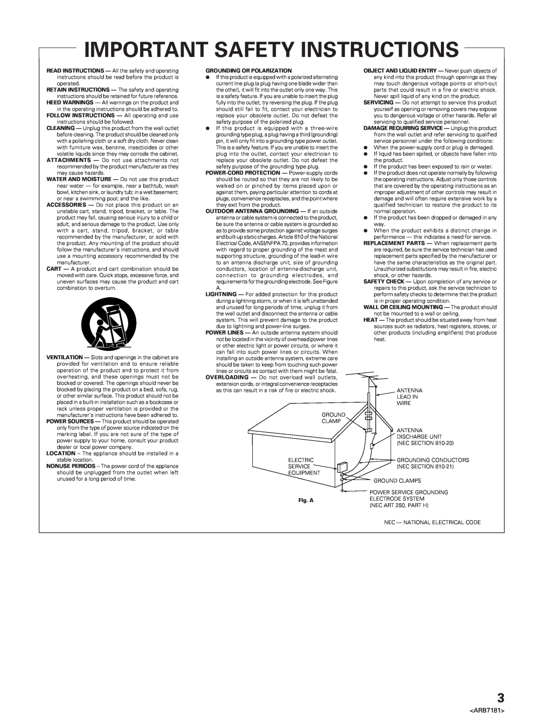 Pioneer VSX-21 manual Important Safety Instructions 