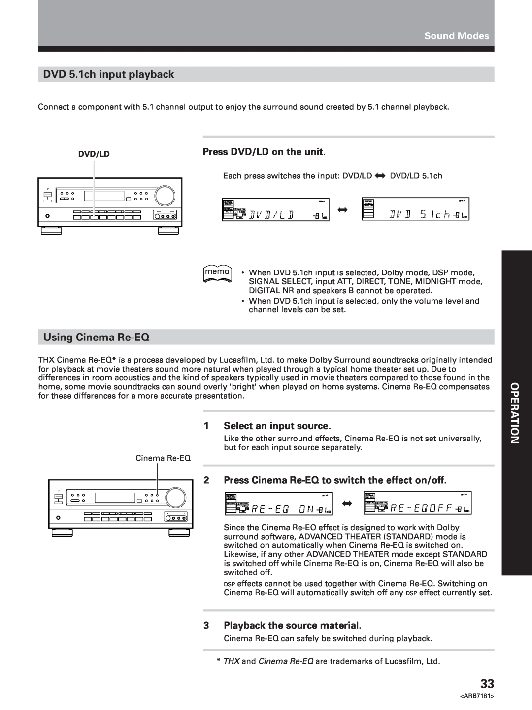 Pioneer VSX-21 manual DVD 5.1ch input playback, Using Cinema Re-EQ, Set Up, Operation, Sound Modes, Dvd/Ld 
